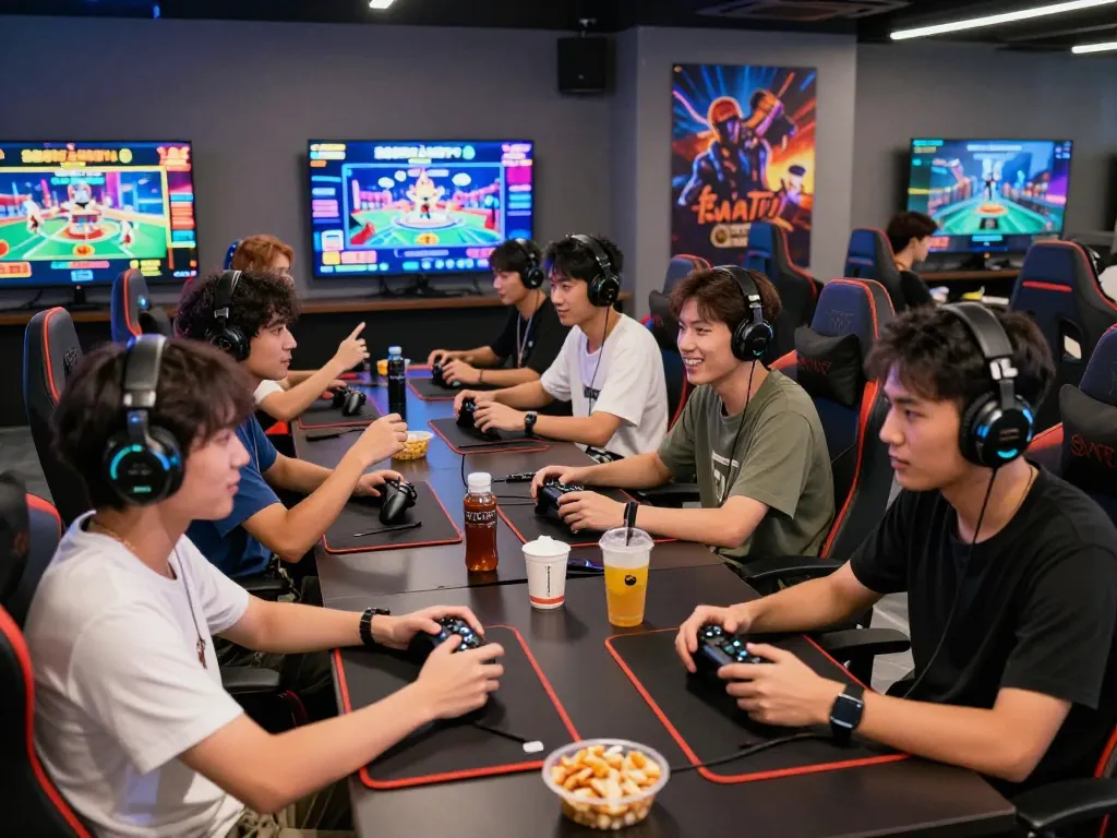 Group of friends enjoying online gaming at 68win, showcasing vibrant atmosphere and interactive experience.