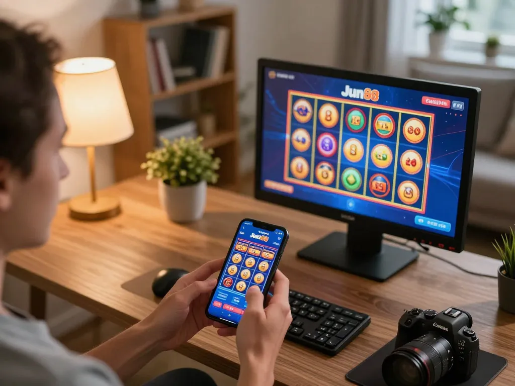 Player engaging in exciting slot gaming on Jun88 app in a cozy home setting.