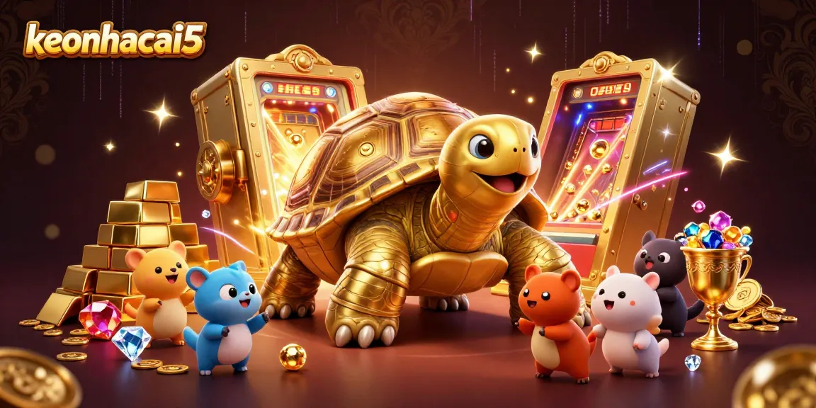 Join the excitement at keonhacai5 with a majestic golden tortoise pinball machine illuminating a treasure-filled casino.