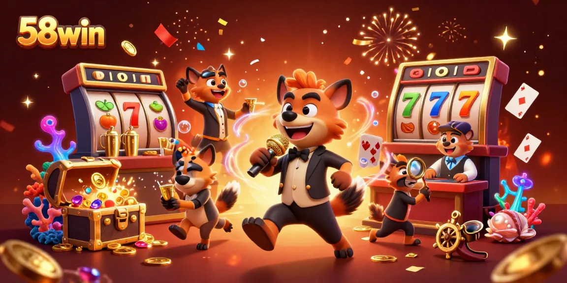 Hyenas host a vibrant comedy casino, showcasing slots and lively gaming vibes at 58win.