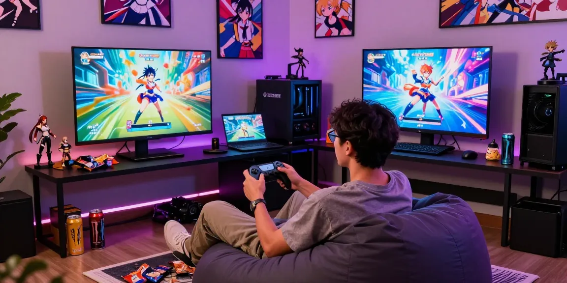 Exciting gaming lounge with a player immersed in a hentai game, surrounded by anime decor and snacks.