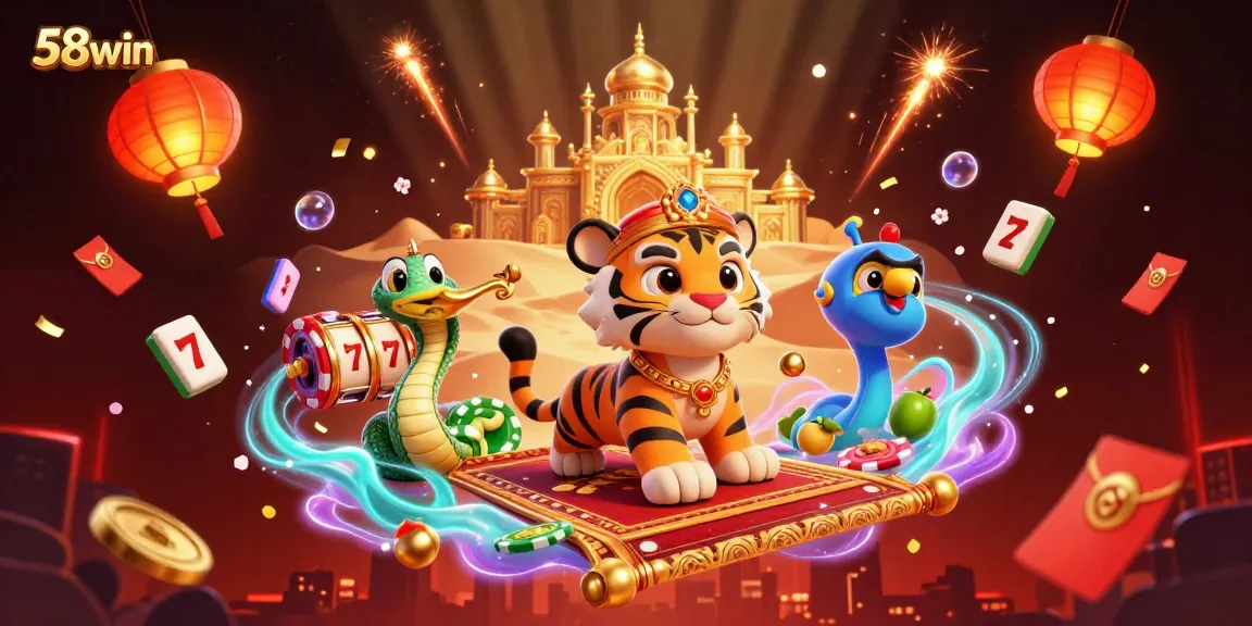 Experience thrilling gameplay with 58win's dynamic casino illustration showcasing vibrant slot elements.