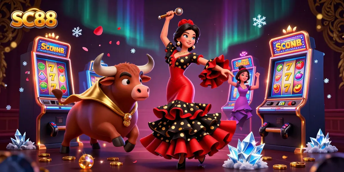 Experience the thrill of gambling with SC88's vibrant slot scene featuring a dancing woman and a fighting bull.