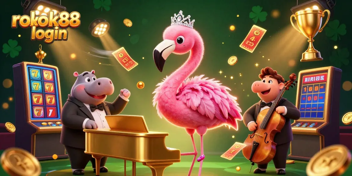Experience the fun of rokok88 login with entertaining casino characters and vibrant game elements in this lively illustration.