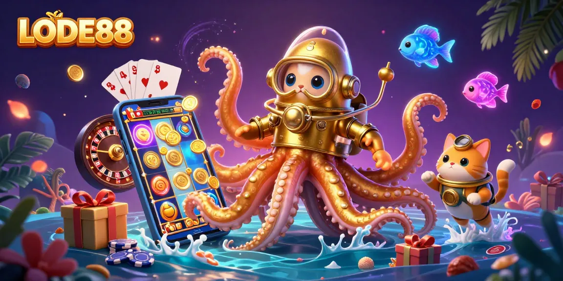 Unleash your luck with LODE88's vibrant gaming scene featuring a colossal kraken and diving cat!