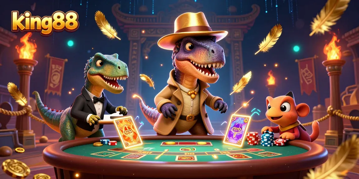 Engage in thrilling action at king88 with a velociraptor card counter at the blackjack table, surrounded by casino elements.