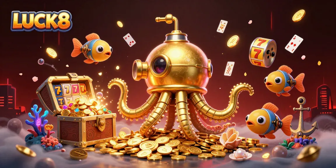 LUCK8 reveals a golden kraken submarine surrounded by profitable slot jackpots and treasure