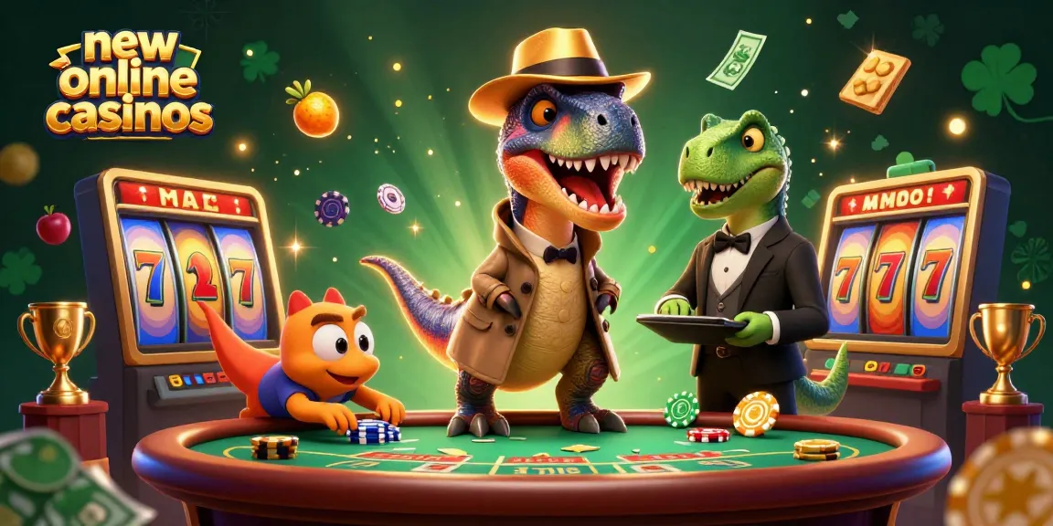 Experience thrilling new online casinos with a velociraptor at a blackjack table, surrounded by slot elements.