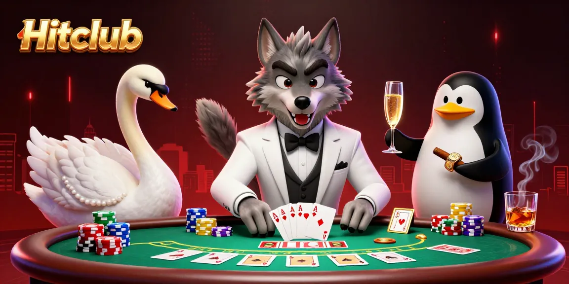 Hitclub showcases a debonair wolf at a baccarat table surrounded by colorful poker elements.