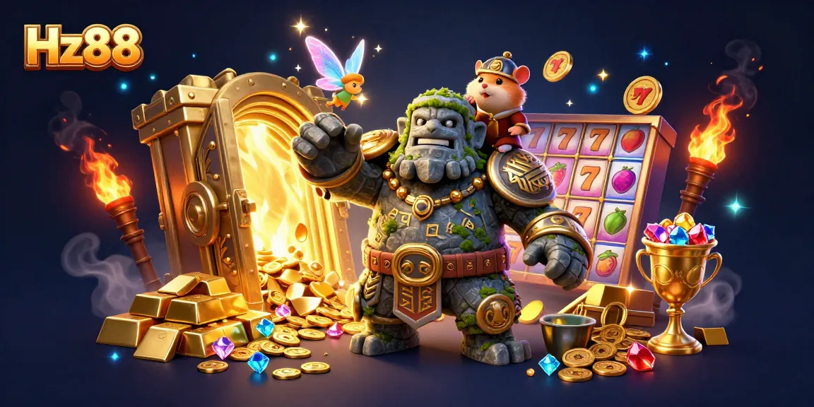 Experience thrilling gameplay with Hz88's vibrant 3D illustration of a golem and knight amidst slot reels and treasures.