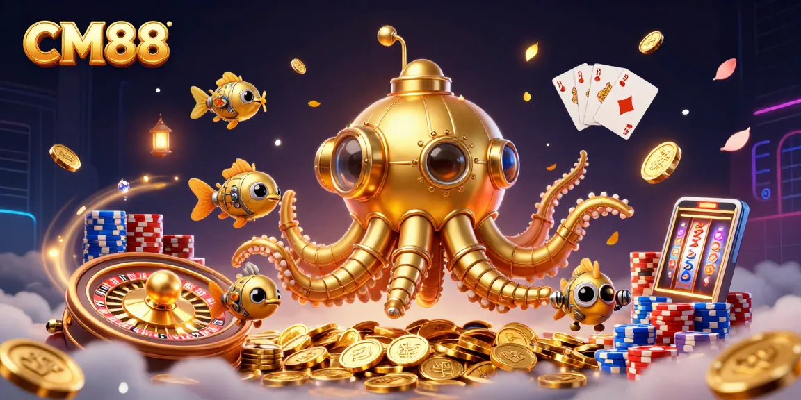 Engage with CM88's vibrant casino scene featuring a golden kraken submarine among dazzling game elements.