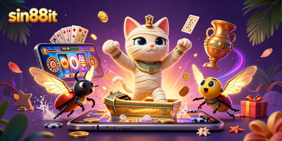 Spin and win with sin88it in a vibrant 3D casino scene featuring a mummy cat and slots.