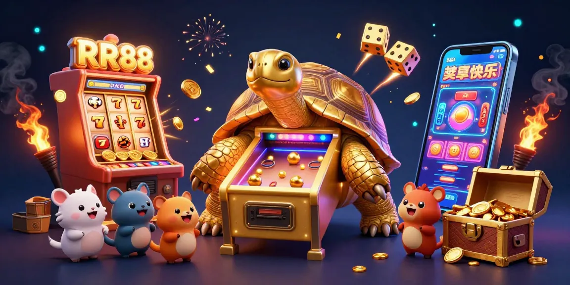 Experience RR88 with excitement as the golden tortoise and friends enjoy thrilling casino action in a vibrant atmosphere.